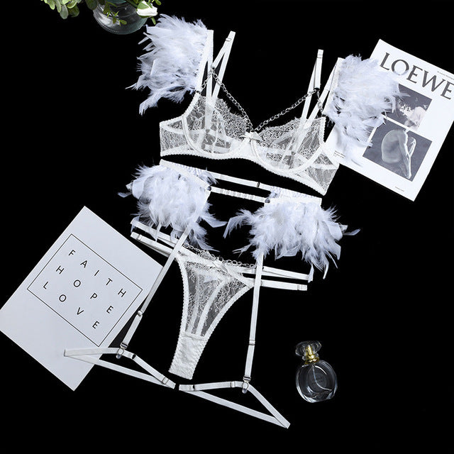 Feathered Lace 3-Piece | "OnlyFriends" | | "OnlyFriends" | Lingerie Set New Arrival IntimateWear Sale