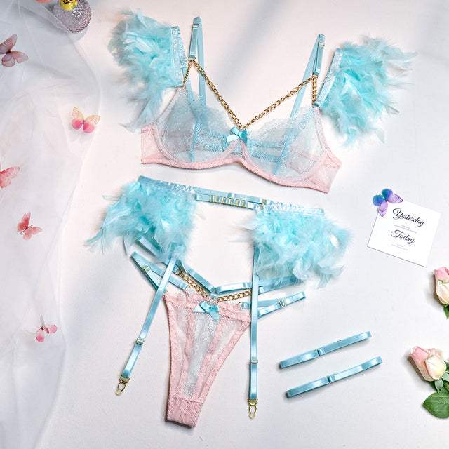 Feathered Lace 3-Piece | "OnlyFriends" | Blue/Pink / Small | "OnlyFriends" | Lingerie Set New Arrival IntimateWear Sale