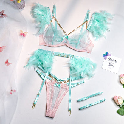 Feathered Lace 3-Piece | "OnlyFriends" | Green/Pink / Small | "OnlyFriends" | Lingerie Set New Arrival IntimateWear Sale