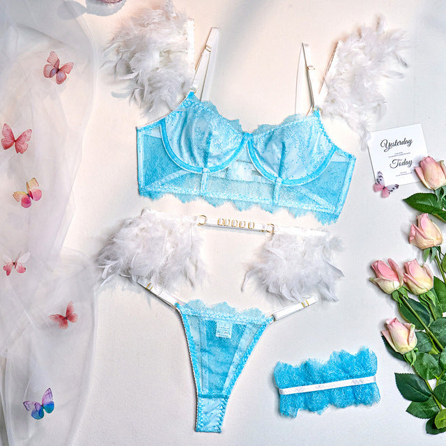 Feathered Lace 3-Piece | "OnlyFriends" | White/Blue / Small | "OnlyFriends" | Lingerie Set New Arrival IntimateWear Sale