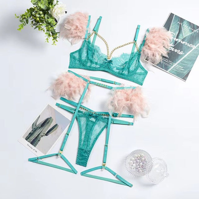 Feathered Lace 3-Piece | "OnlyFriends" | Pink/Green / Small | "OnlyFriends" | Lingerie Set New Arrival IntimateWear Sale