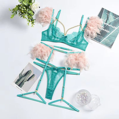 Feathered Lace 3-Piece | "OnlyFriends" | Pink/Green / Small | "OnlyFriends" | Lingerie Set New Arrival IntimateWear Sale