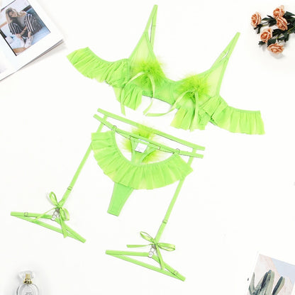 Feather Ruffle Hollow Thongs 3-Piece