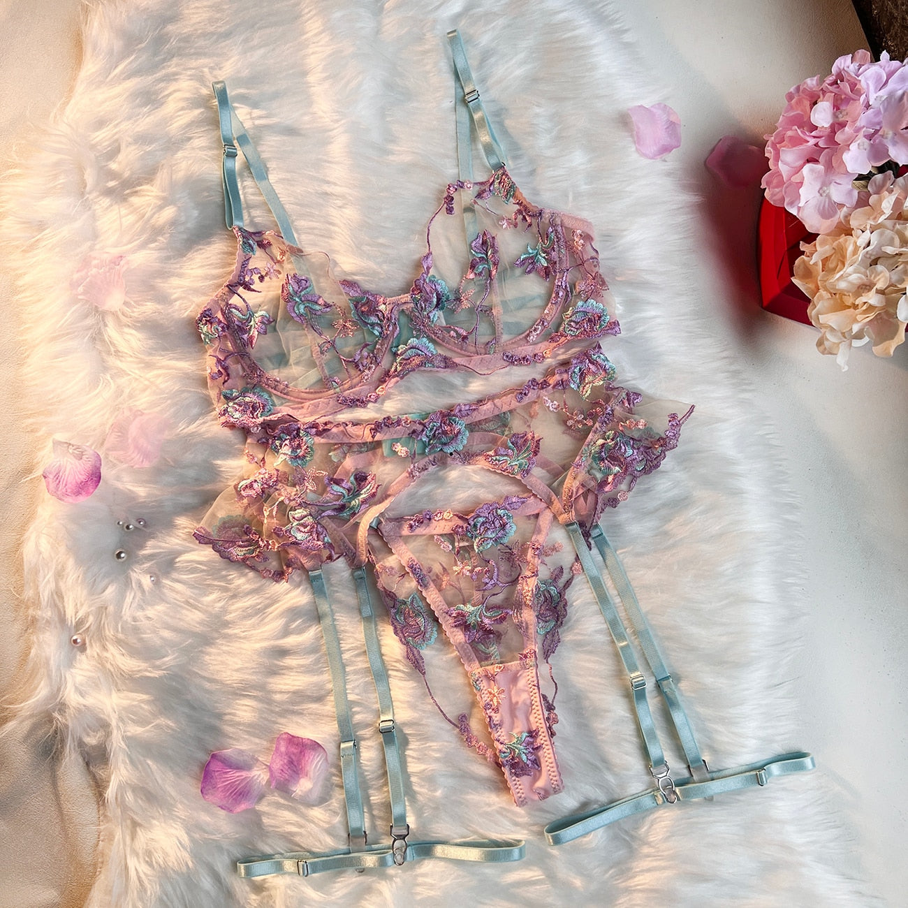 Floral Transparent Underwear Ruffle Garter