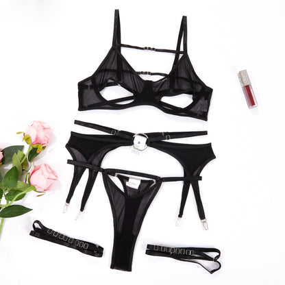 Open Bra Sensual Lingerie Set with Garters 3-Piece