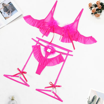 Feather Ruffle Hollow Thongs 3-Piece